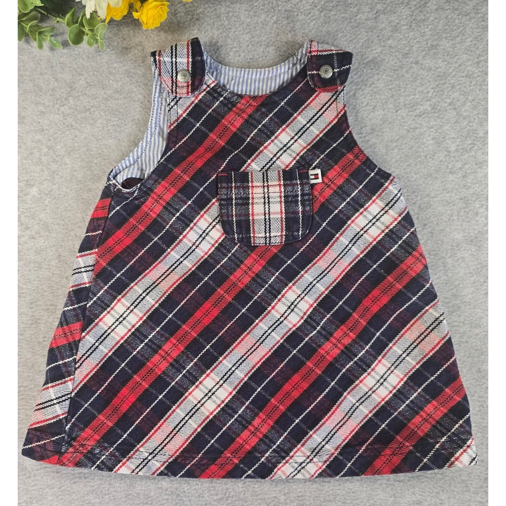 Vintage Y2K Tommy Hilfiger Plaid Jumper Dress Girls 3-6m Red Blue Preppy Cotton